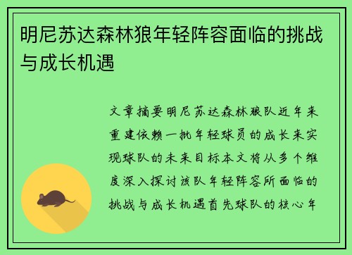明尼苏达森林狼年轻阵容面临的挑战与成长机遇